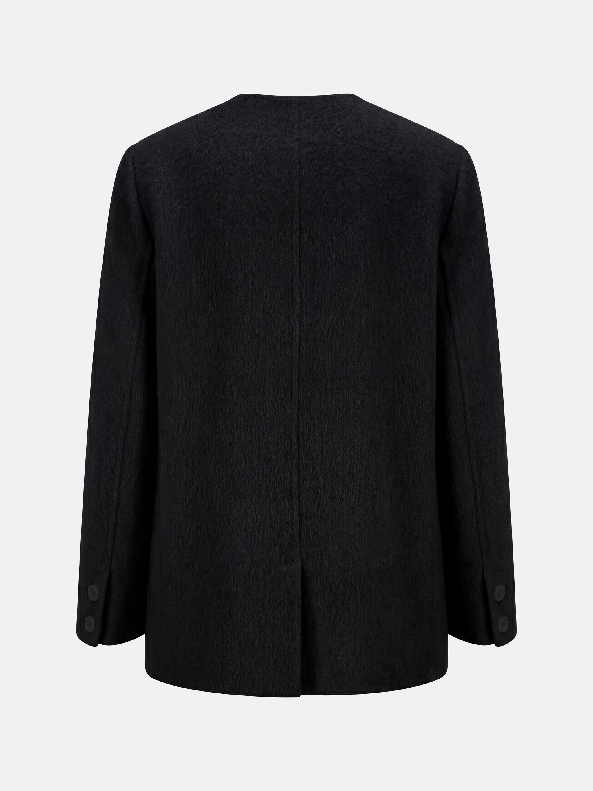 SELVANE Minimalist V-neck suit jacket, alpaca-superfine wool blend, collarless, clean V-neck, softened shoulders, composed elegance.