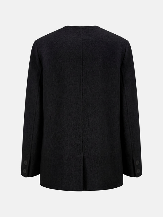 SELVANE Minimalist V-neck suit jacket, alpaca-superfine wool blend, collarless, clean V-neck, softened shoulders, composed elegance.