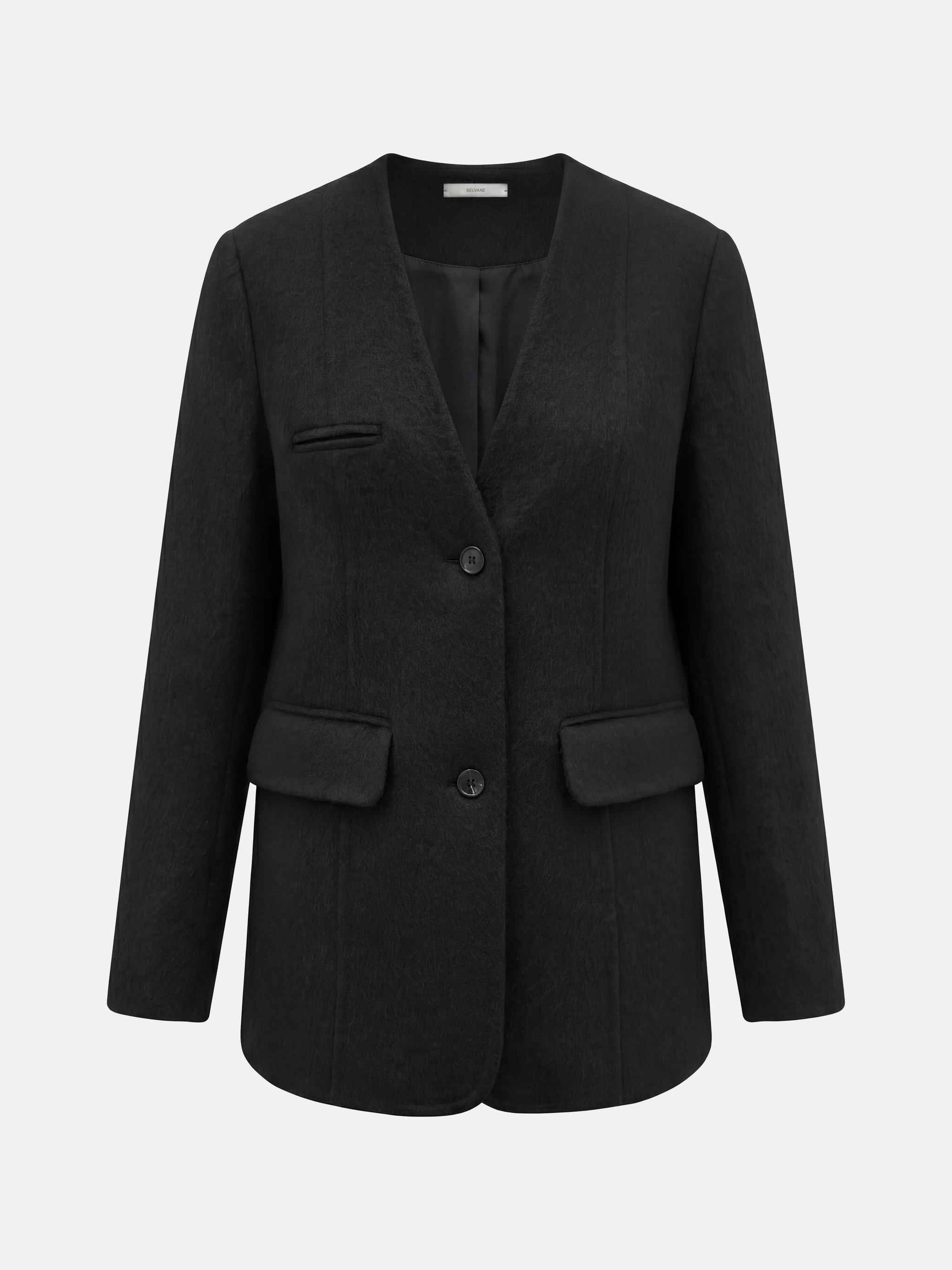 SELVANE Minimalist V-neck suit jacket — view 12, showcasing material texture and silhouette detail