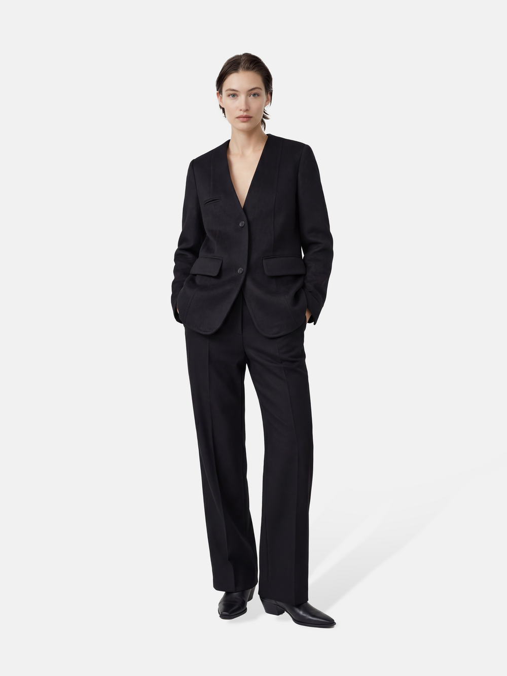 Minimalist V-neck suit jacket — on model