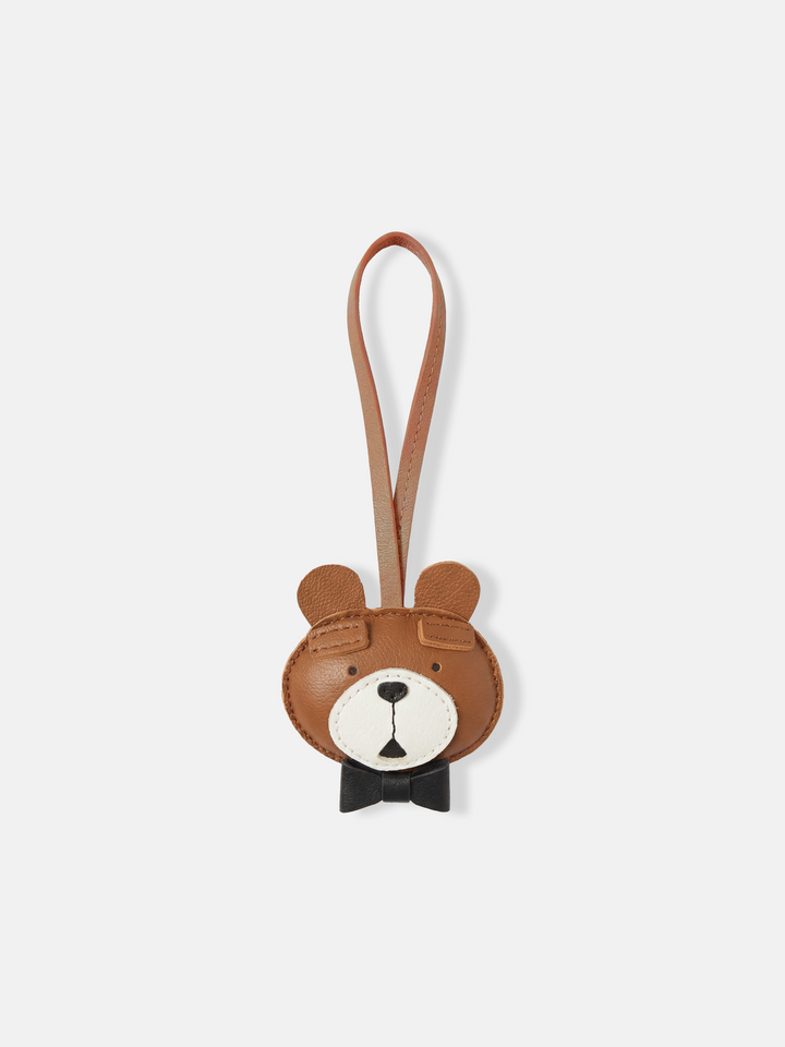 Selvane Bow-Tie Bear Bag Charm in pebbled-leather, featuring a clean bear-face, raised ears, and a neat bow tie, with a slender strap.