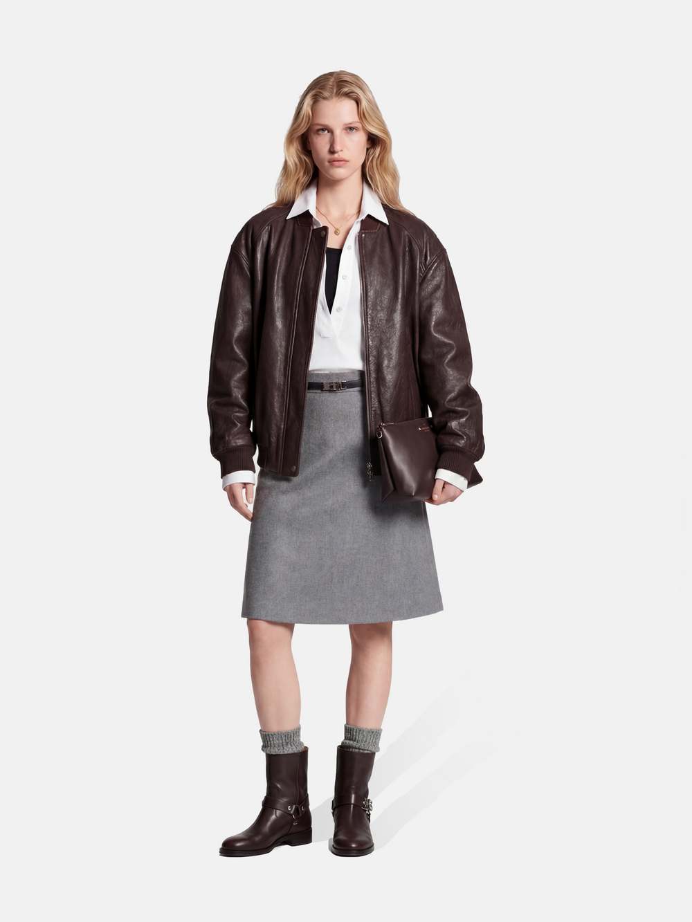 Lamb Leather Bomber Jacket — on model