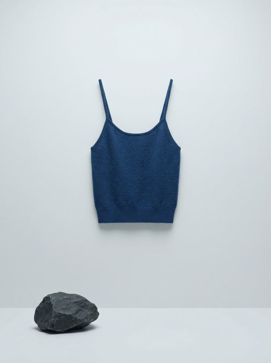 Sleeveless SELVANE Jacquard Knit Tank in muted grey-blue, featuring intricate diamond pattern, horizontal stripes, scoop neckline, and ribbed hem.