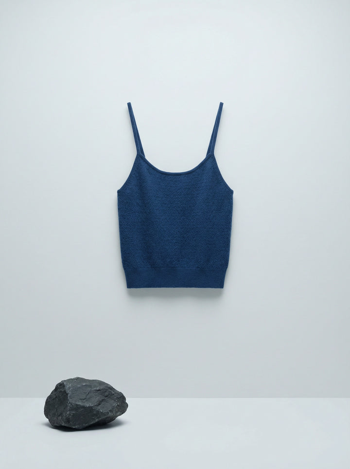 Sleeveless SELVANE Jacquard Knit Tank in muted grey-blue, featuring intricate diamond pattern, horizontal stripes, scoop neckline, and ribbed hem.