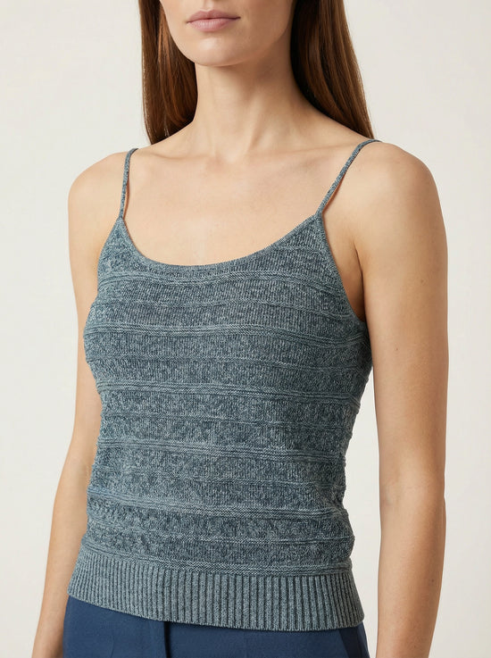 Sleeveless SELVANE Jacquard Knit Tank in muted grey-blue, featuring intricate diamond pattern, horizontal stripes, scoop neckline, and ribbed hem.