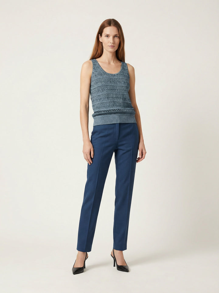 Sleeveless SELVANE Jacquard Knit Tank in muted grey-blue, featuring intricate diamond pattern, horizontal stripes, scoop neckline, and ribbed hem.