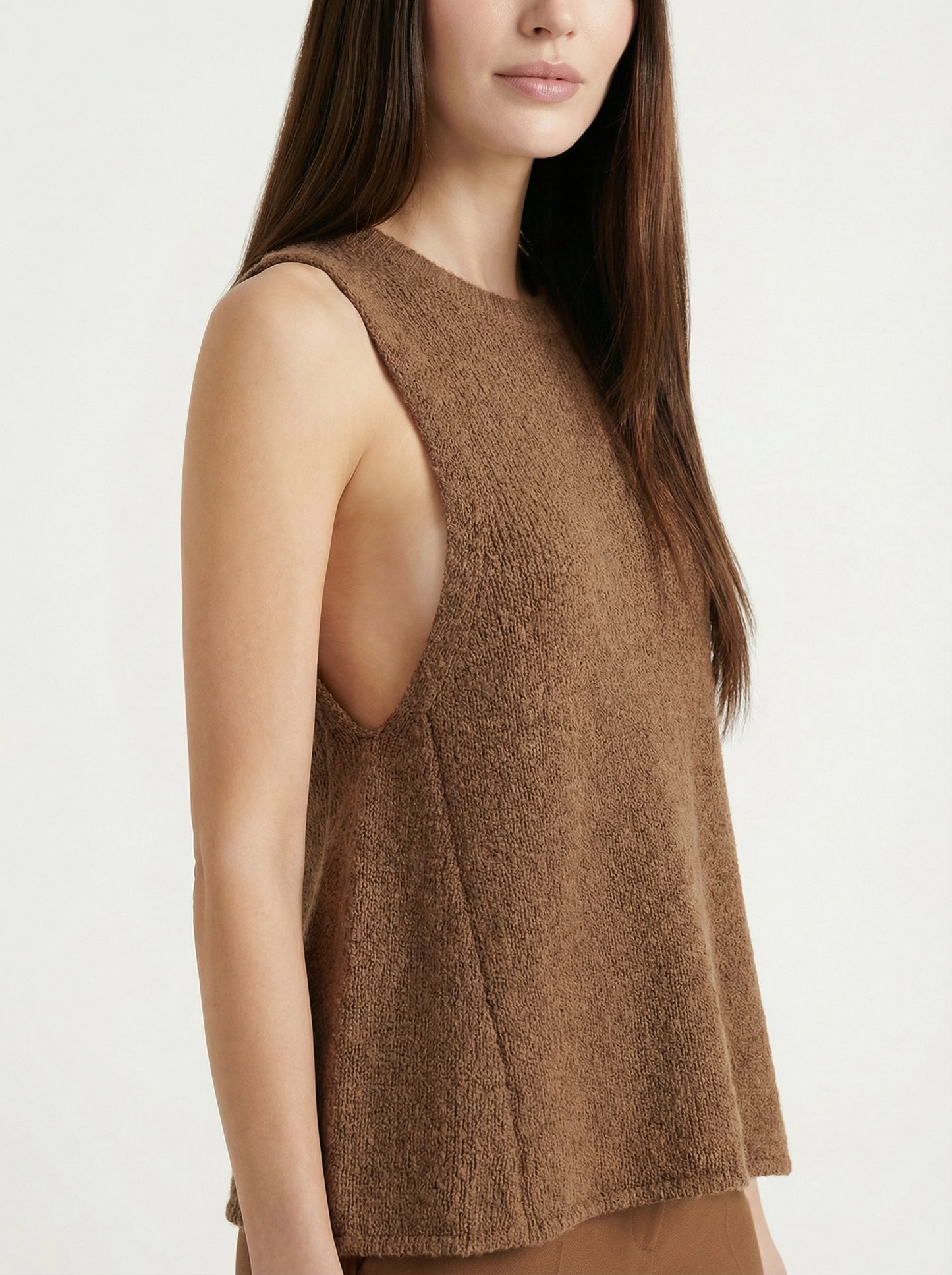 SELVANE Knit Shell & Wide-Leg Trousers Set in warm brown, featuring a textured sleeveless top and fluid wide-leg pants for a relaxed, tonal ensemble.