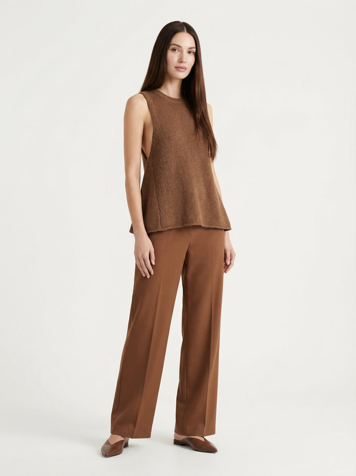 SELVANE Knit Shell & Wide-Leg Trousers Set in warm brown, featuring a textured sleeveless top and fluid wide-leg pants for a relaxed, tonal ensemble.