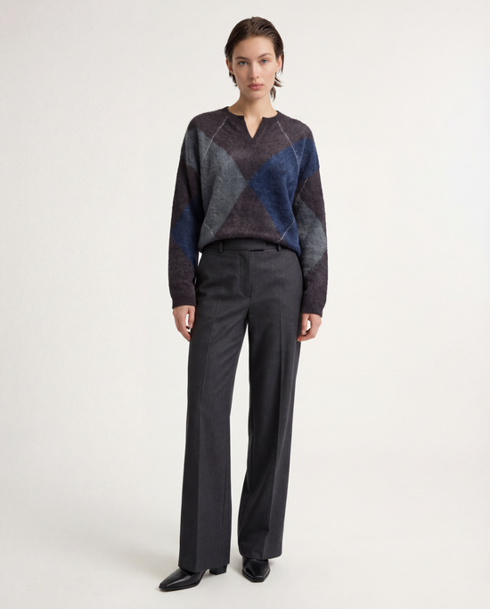 SELVANE Cashmere Argyle Split-Neck Sweater, featuring softened argyle pattern, relaxed fit, and subtle split neck.