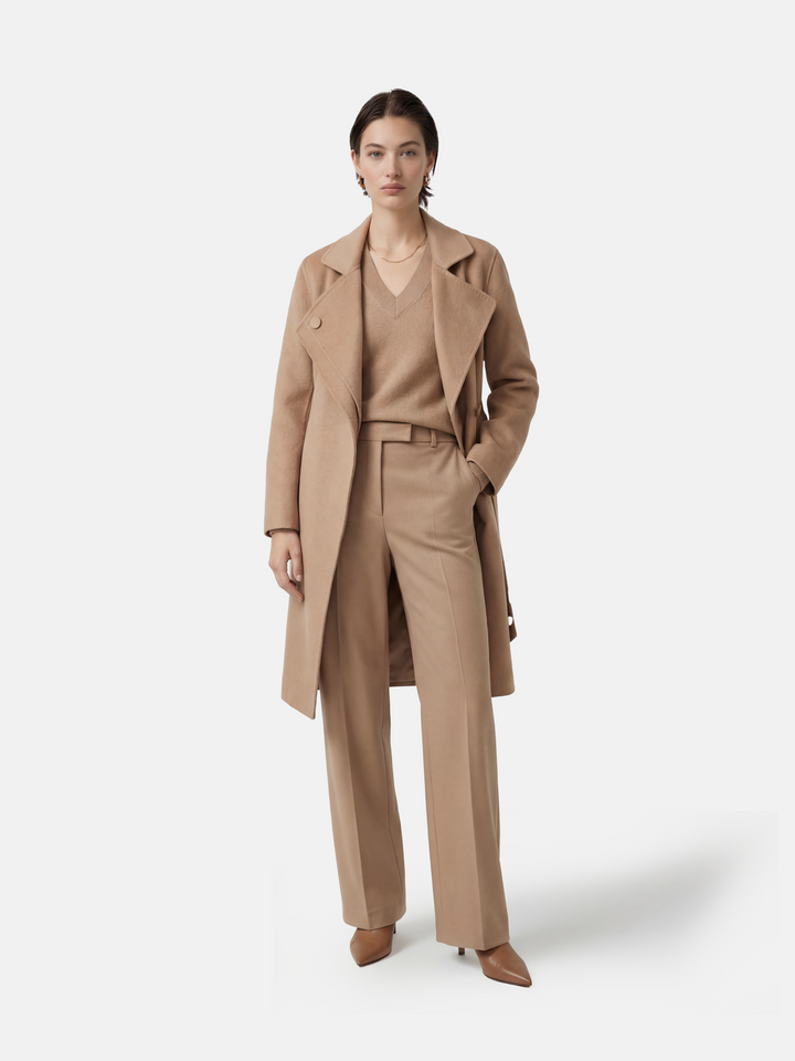 SELVANE Cashmere Belted Trench Coat in camel, featuring a generous lapel and clean belted silhouette, tailored for refined presence.