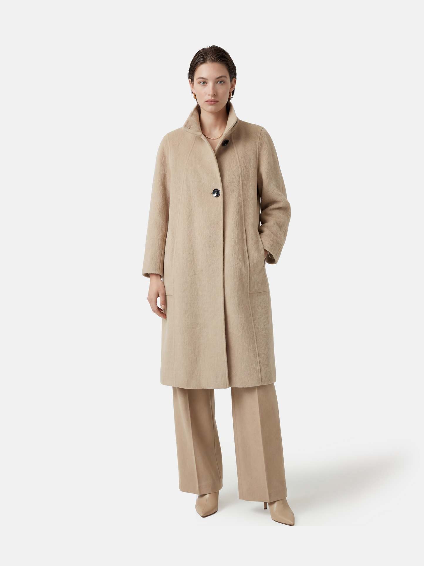 SELVANE Camel Hair Long Coat, featuring a high collar, double-button closure, and elegant straight silhouette.