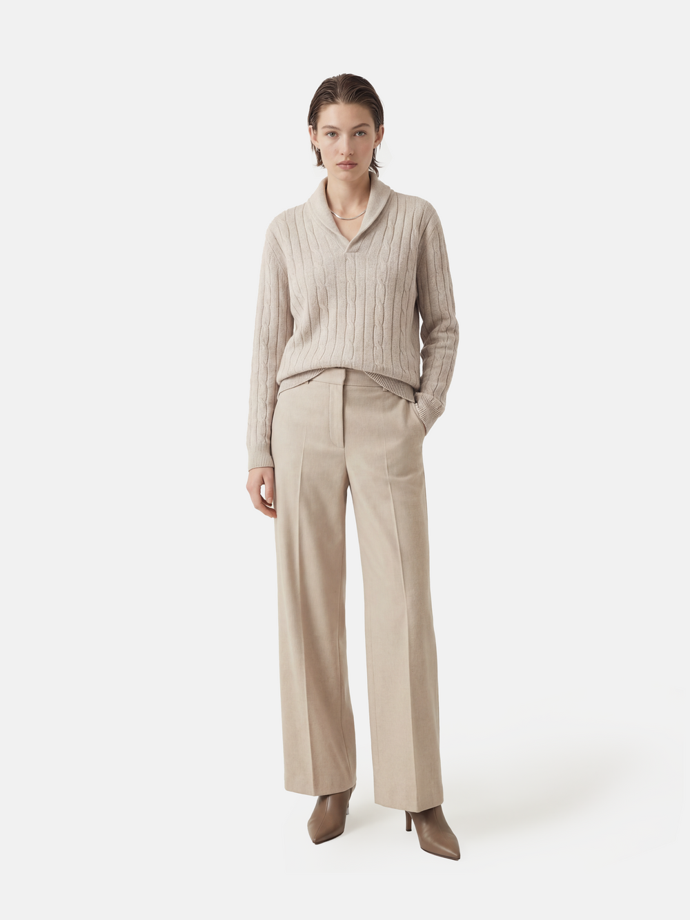 Cable-Knit Shawl-Collar Cashmere Sweater — on model