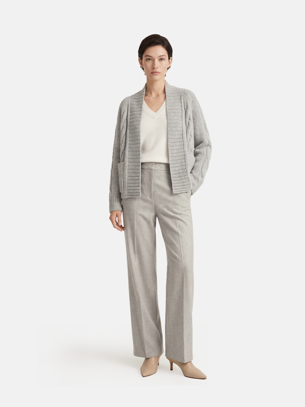 Cashmere Cable Shawl Cardigan — on model