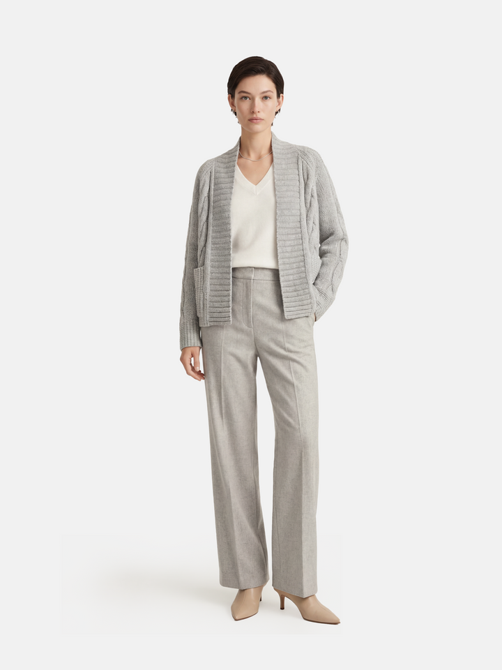 SELVANE Cashmere Cable Shawl Cardigan in a relaxed, open-front silhouette with distinctive cable-knit sleeves.