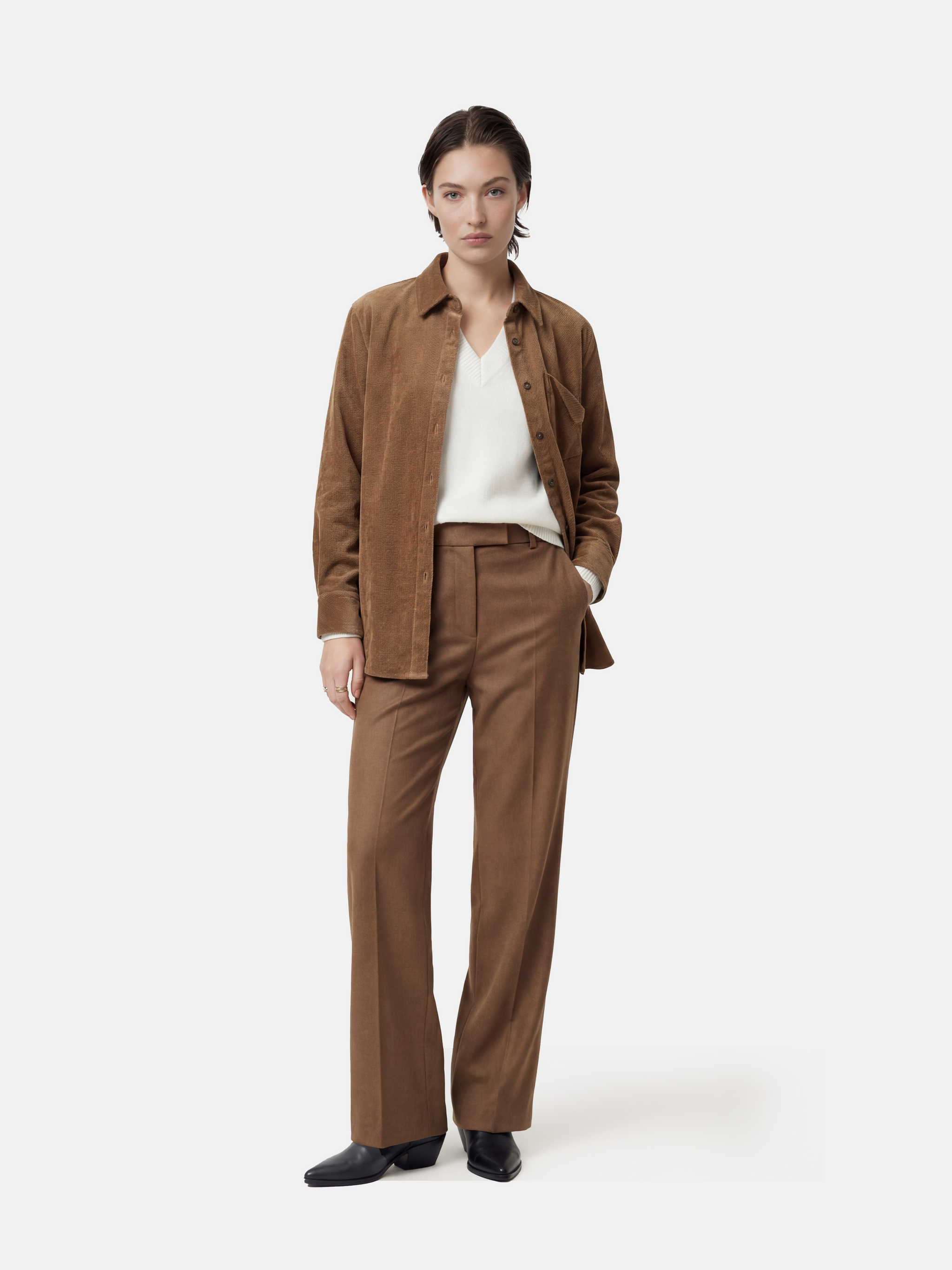 SELVANE khaki textured button-down shirt, tailored with a straight drape and subtle dimensional weave, featuring mother-of-pearl buttons.