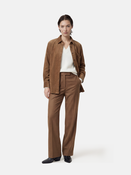 SELVANE khaki textured button-down shirt, tailored with a straight drape and subtle dimensional weave, featuring mother-of-pearl buttons.