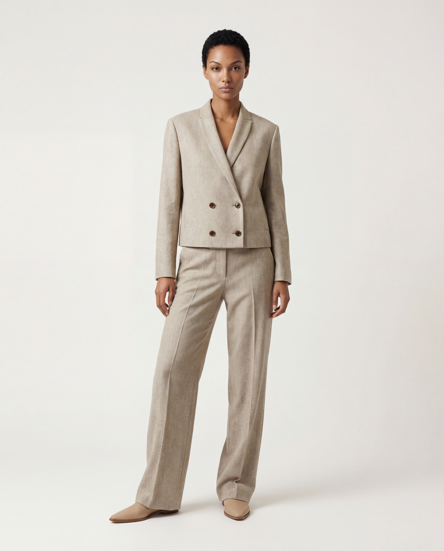 SELVANE Structured V-Neck Tailored Jacket, cropped and boxy with a clean V-neck, tonal contrast collar, and natural horn buttons.