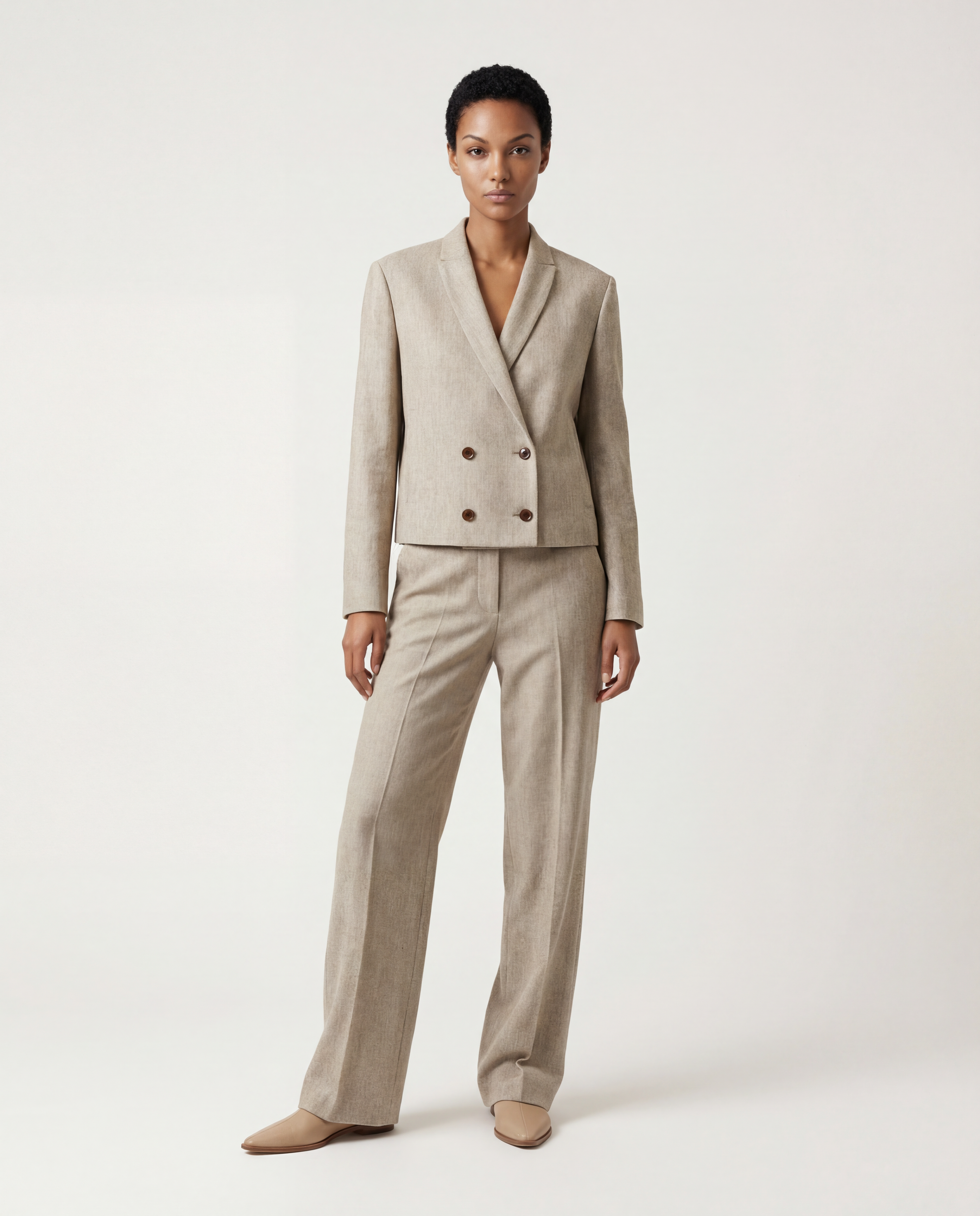 SELVANE Structured V-Neck Tailored Jacket, cropped and boxy with a clean V-neck, tonal contrast collar, and natural horn buttons.