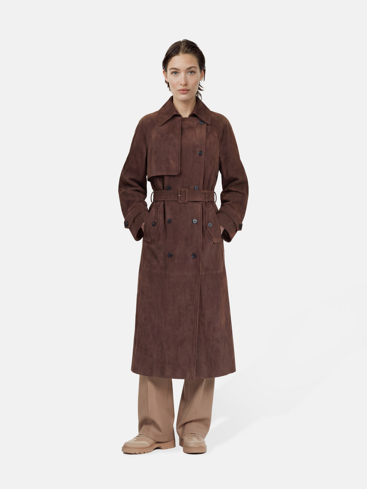 SELVANE coffee-toned double-breasted trench coat with oversized collar and belted waist, showcasing tailored lines.