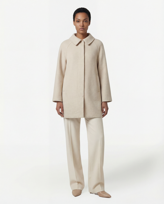 SELVANE cream wool-cashmere hooded coat, A-line silhouette, oversized hood, elegant and serene.