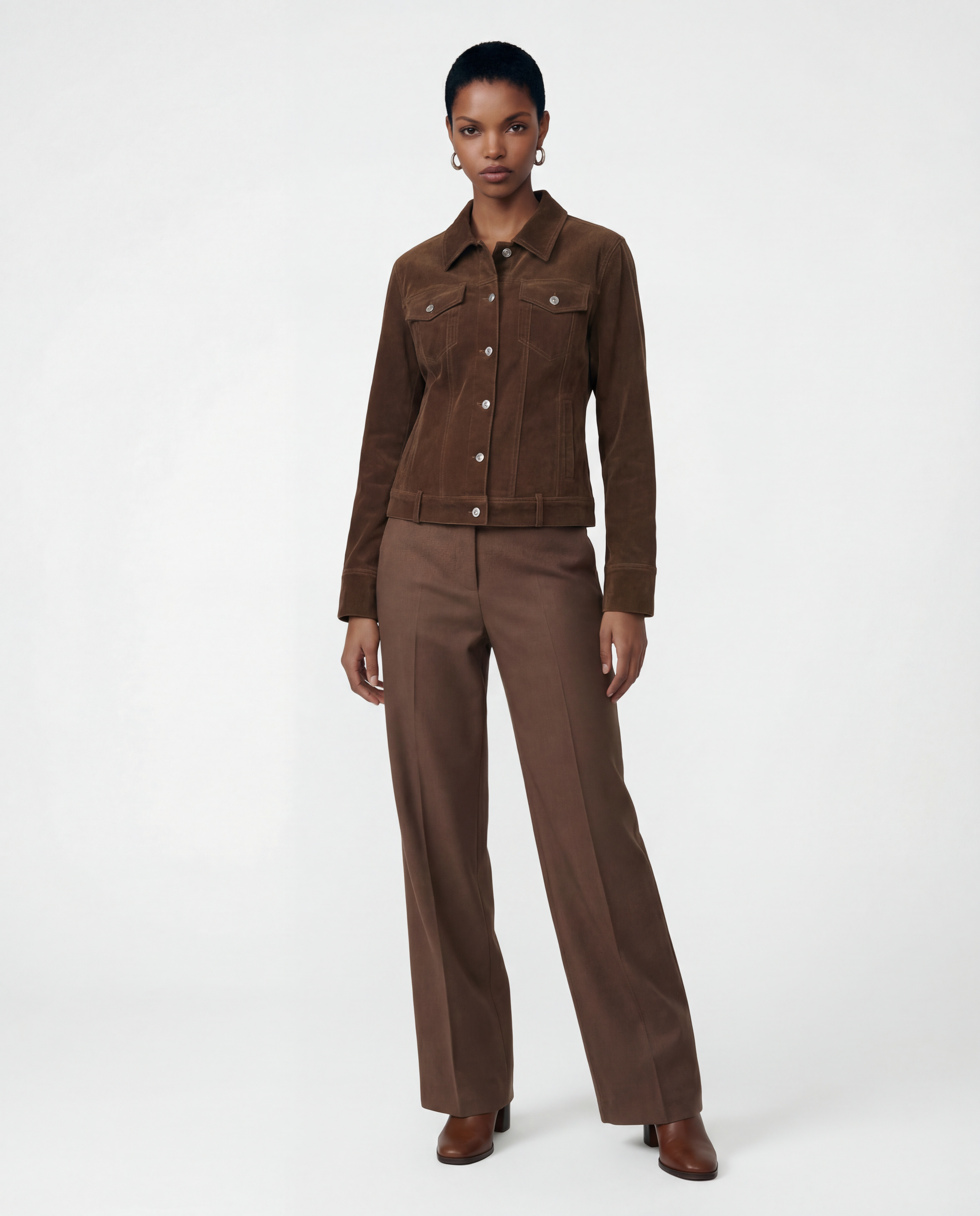 SELVANE Chesnut Shirt Jacket, a cropped suede outerwear piece with clean geometry and a calm, waist-length proportion.