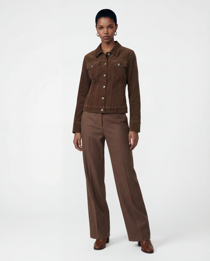 SELVANE Chesnut Shirt Jacket, a cropped suede outerwear piece with clean geometry and a calm, waist-length proportion.