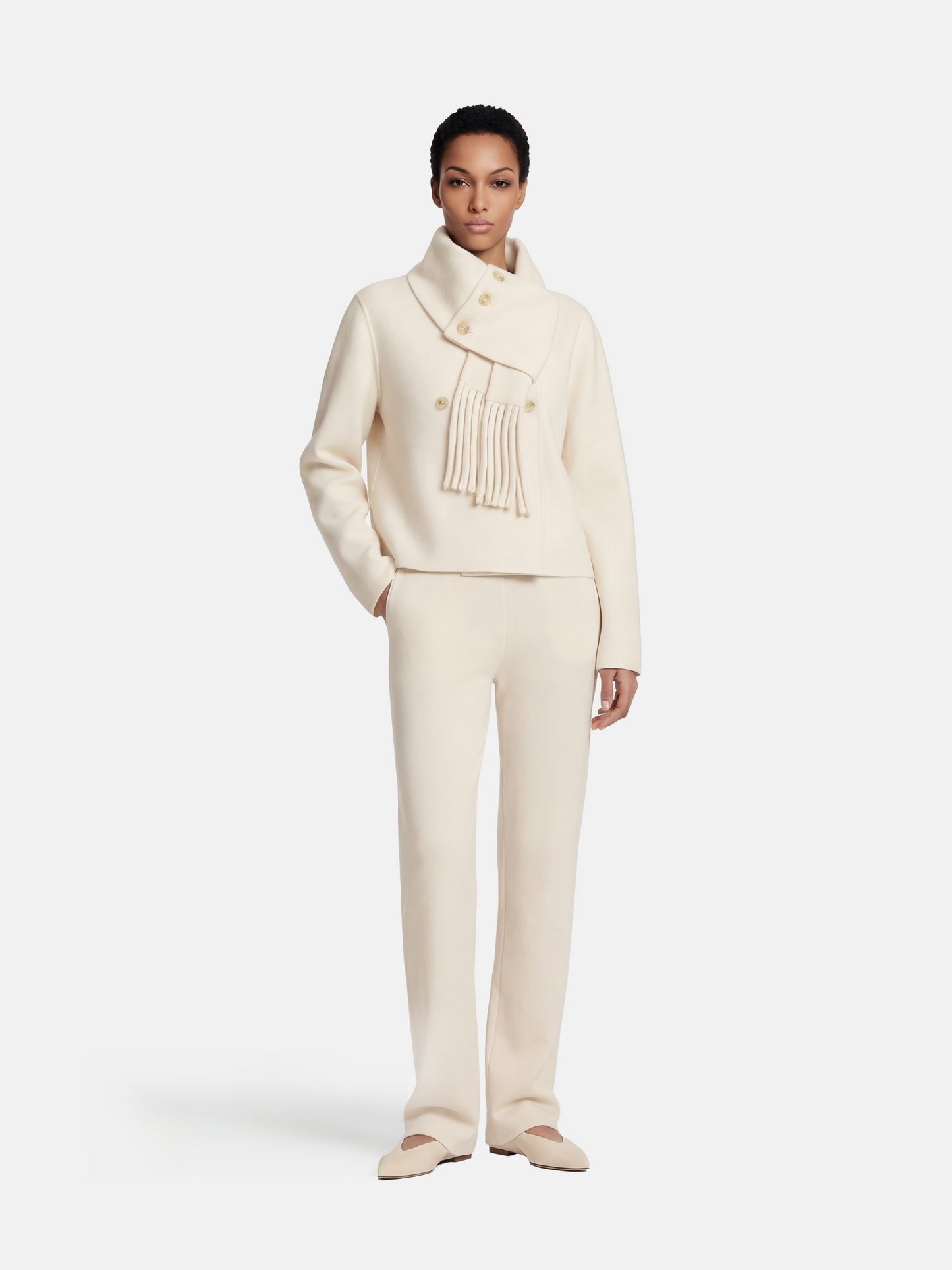 Cropped double-breasted wool-alpaca jacket with integrated scarf collar, styled on a model, front view.