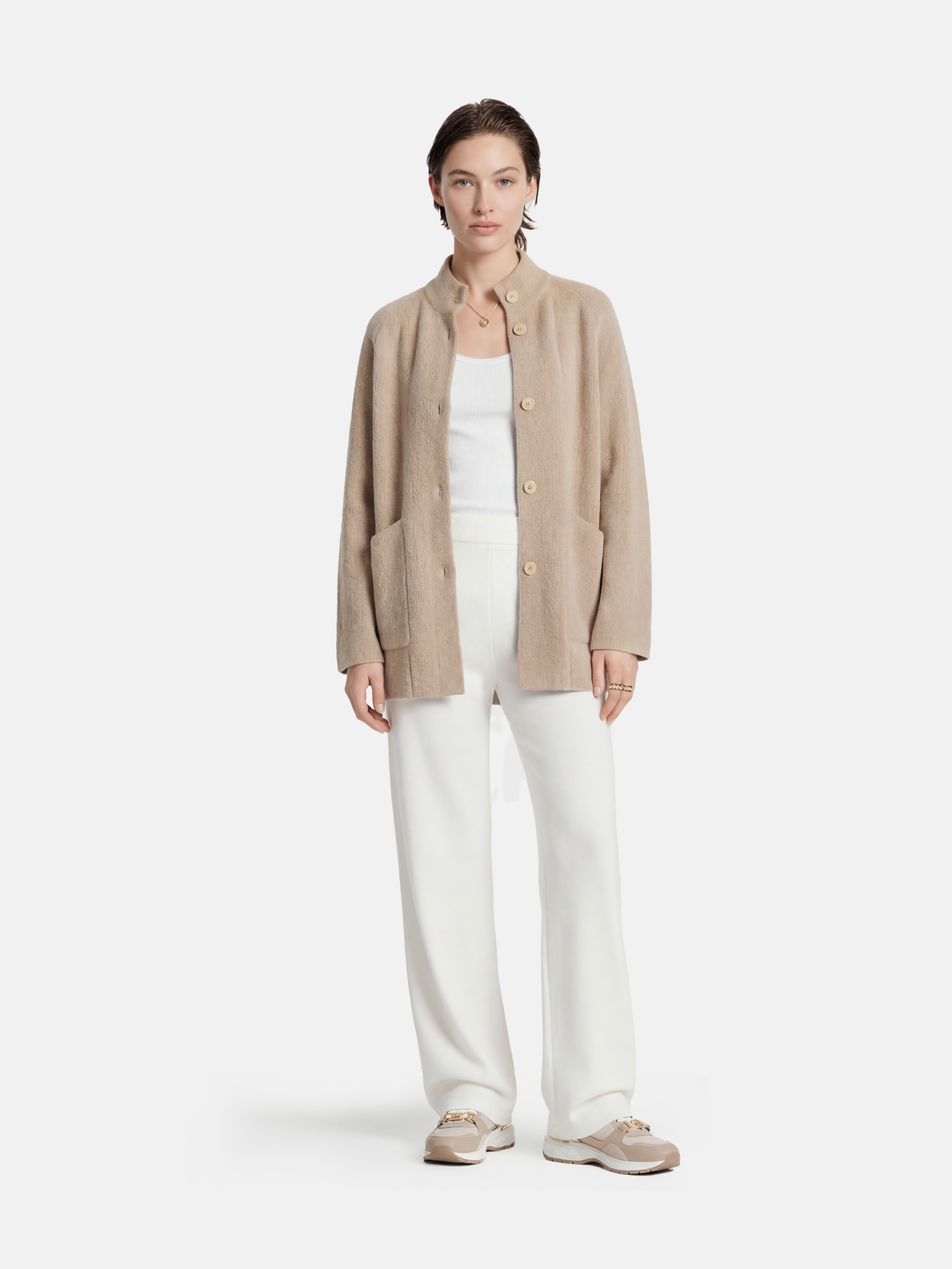 SELVANE longline cashmere stand-collar cardigan coat in a relaxed fit, featuring clean button front and generous patch pockets.