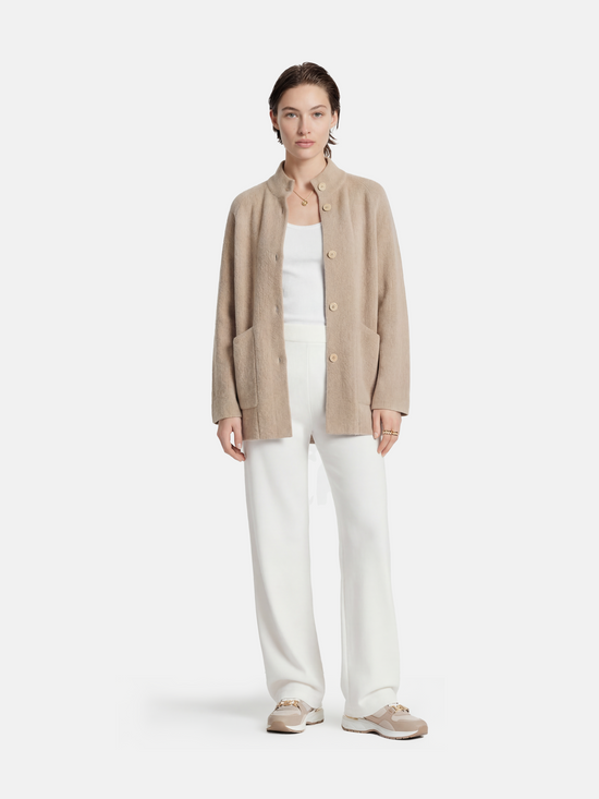 SELVANE longline cashmere stand-collar cardigan coat in a relaxed fit, featuring clean button front and generous patch pockets.
