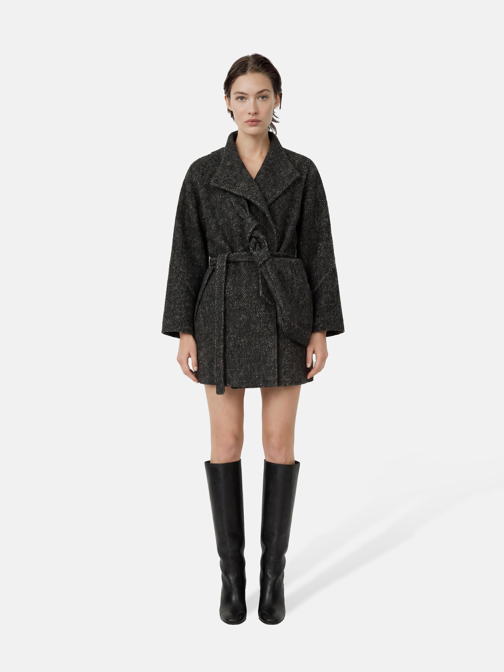 SELVANE grey textured wrap coat featuring a high collar, asymmetric button closure, and self-tie belt.