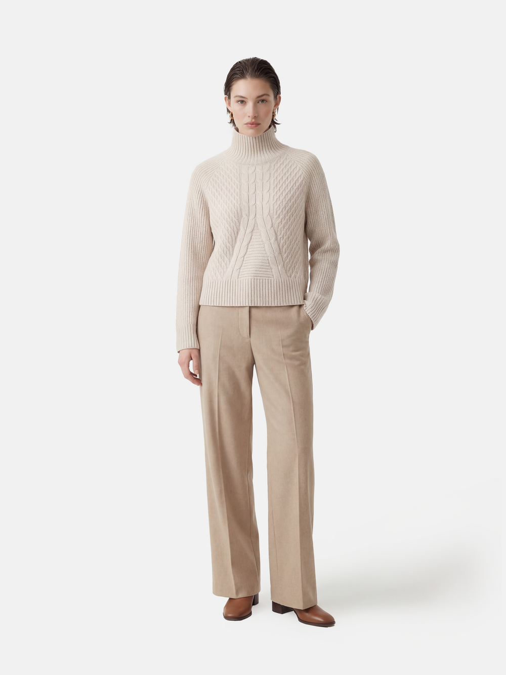 Cable Cashmere Turtleneck Sweater — on model