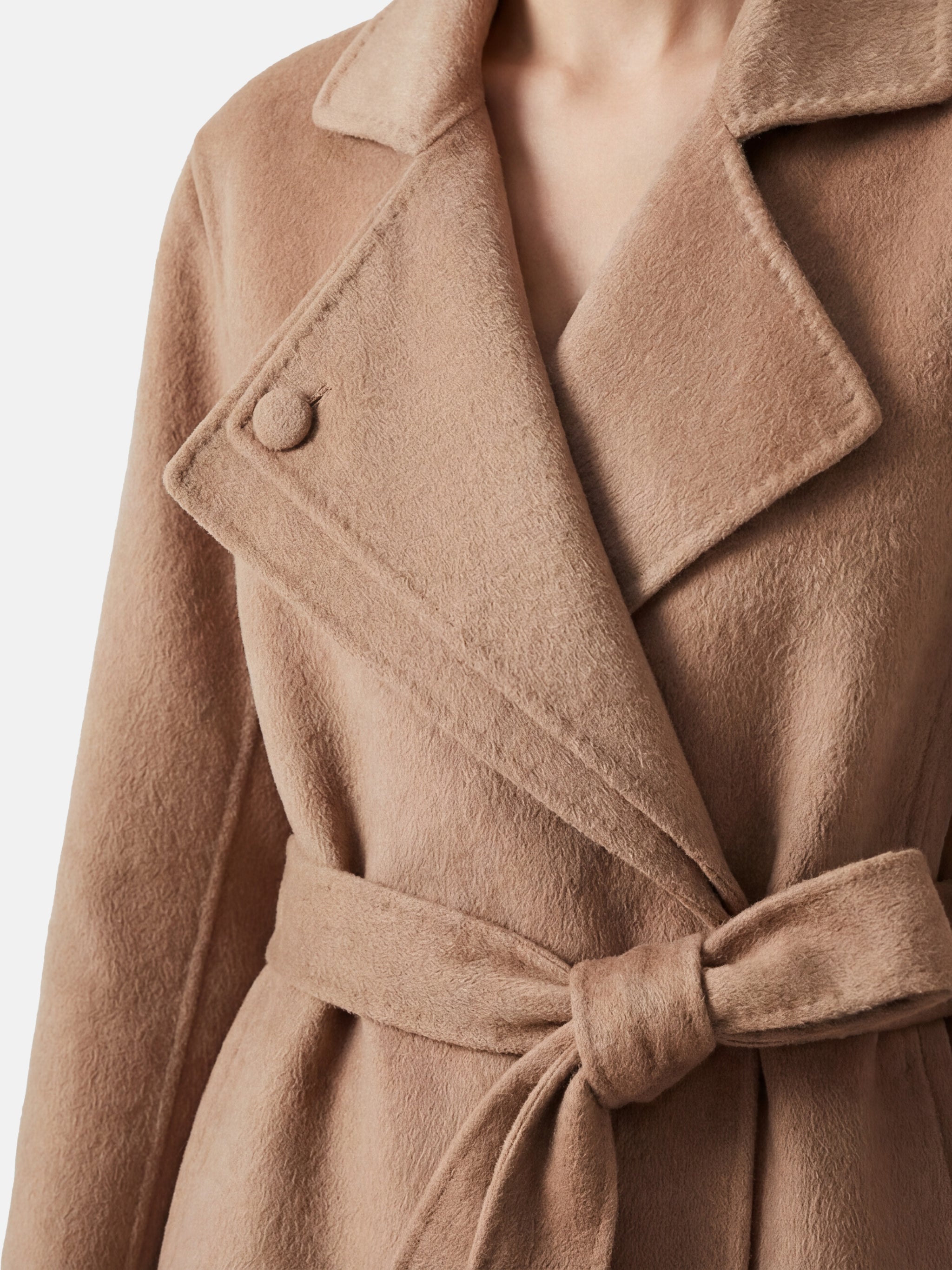 SELVANE Cashmere Belted Trench Coat in camel, featuring a generous lapel and clean belted silhouette, tailored for refined presence.