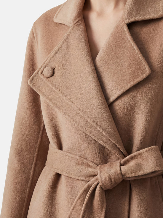 SELVANE Cashmere Belted Trench Coat in camel, featuring a generous lapel and clean belted silhouette, tailored for refined presence.