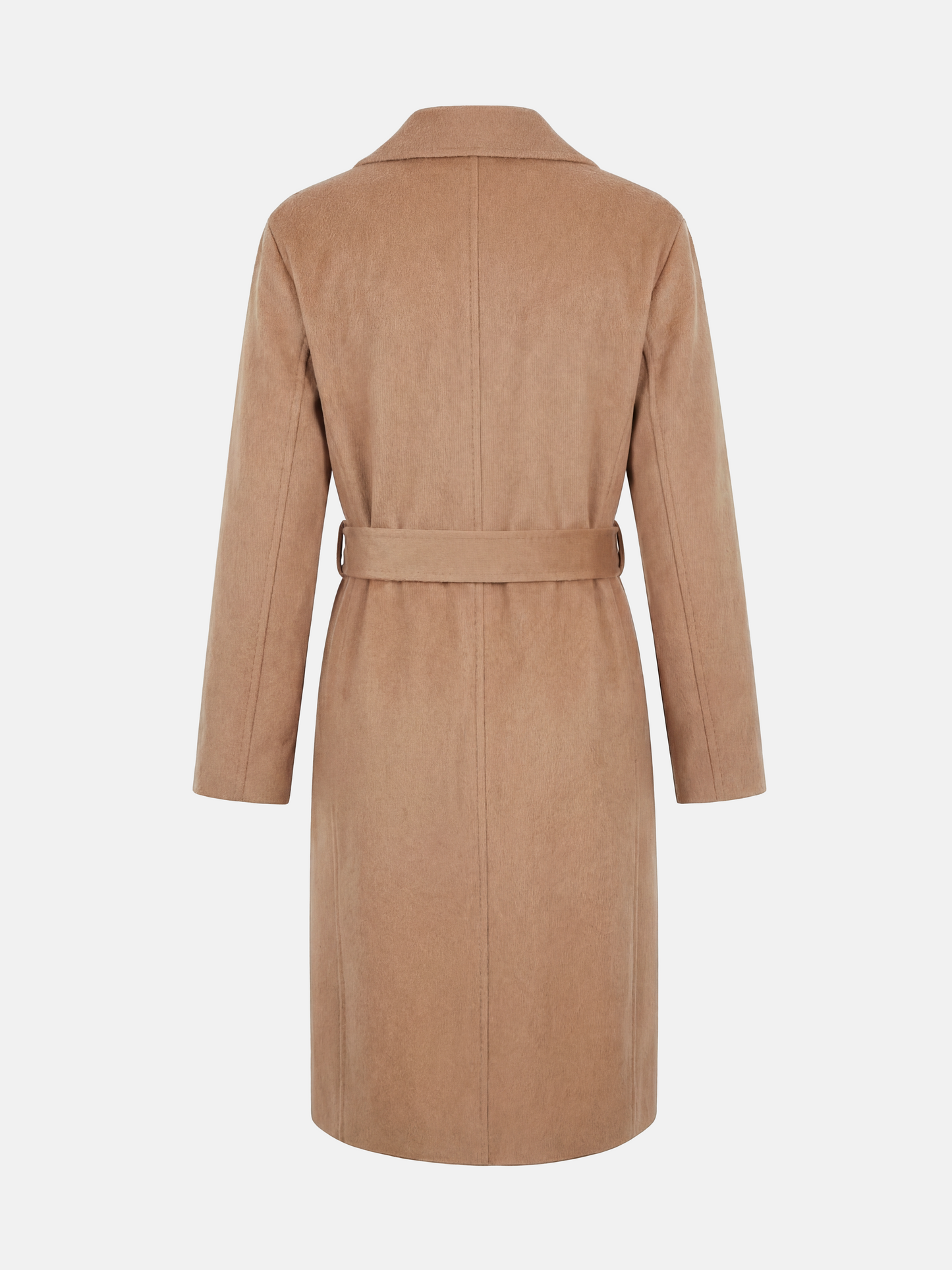 SELVANE Cashmere Belted Trench Coat in camel, featuring a generous lapel and clean belted silhouette, tailored for refined presence.