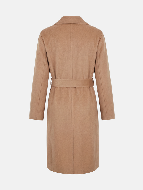 SELVANE Cashmere Belted Trench Coat in camel, featuring a generous lapel and clean belted silhouette, tailored for refined presence.