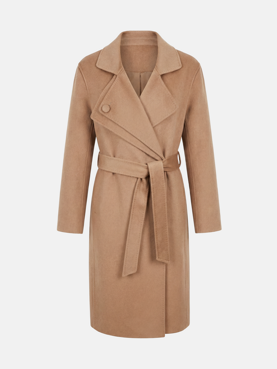 SELVANE Cashmere Belted Trench Coat in camel, featuring a generous lapel and clean belted silhouette, tailored for refined presence.