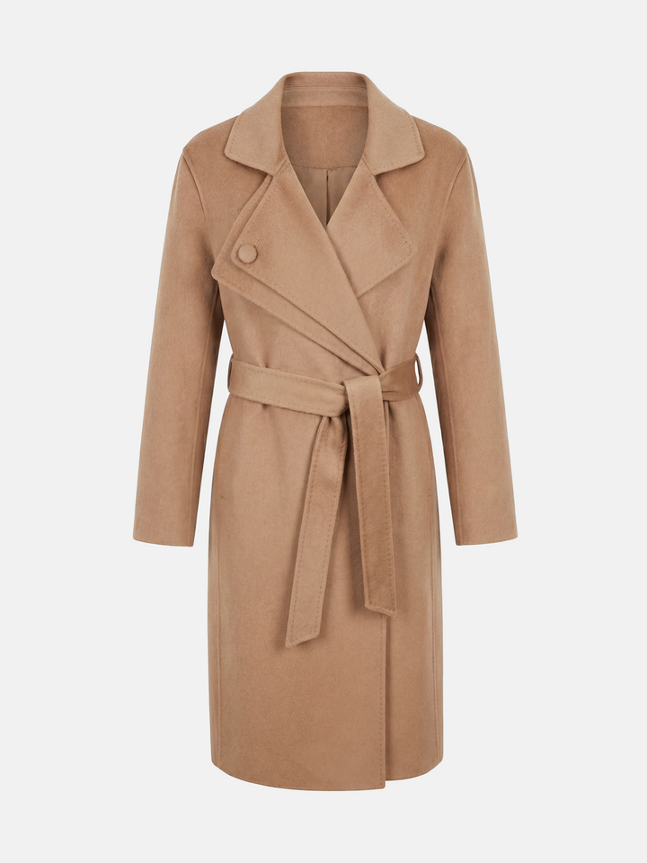 SELVANE Cashmere Belted Trench Coat in camel, featuring a generous lapel and clean belted silhouette, tailored for refined presence.