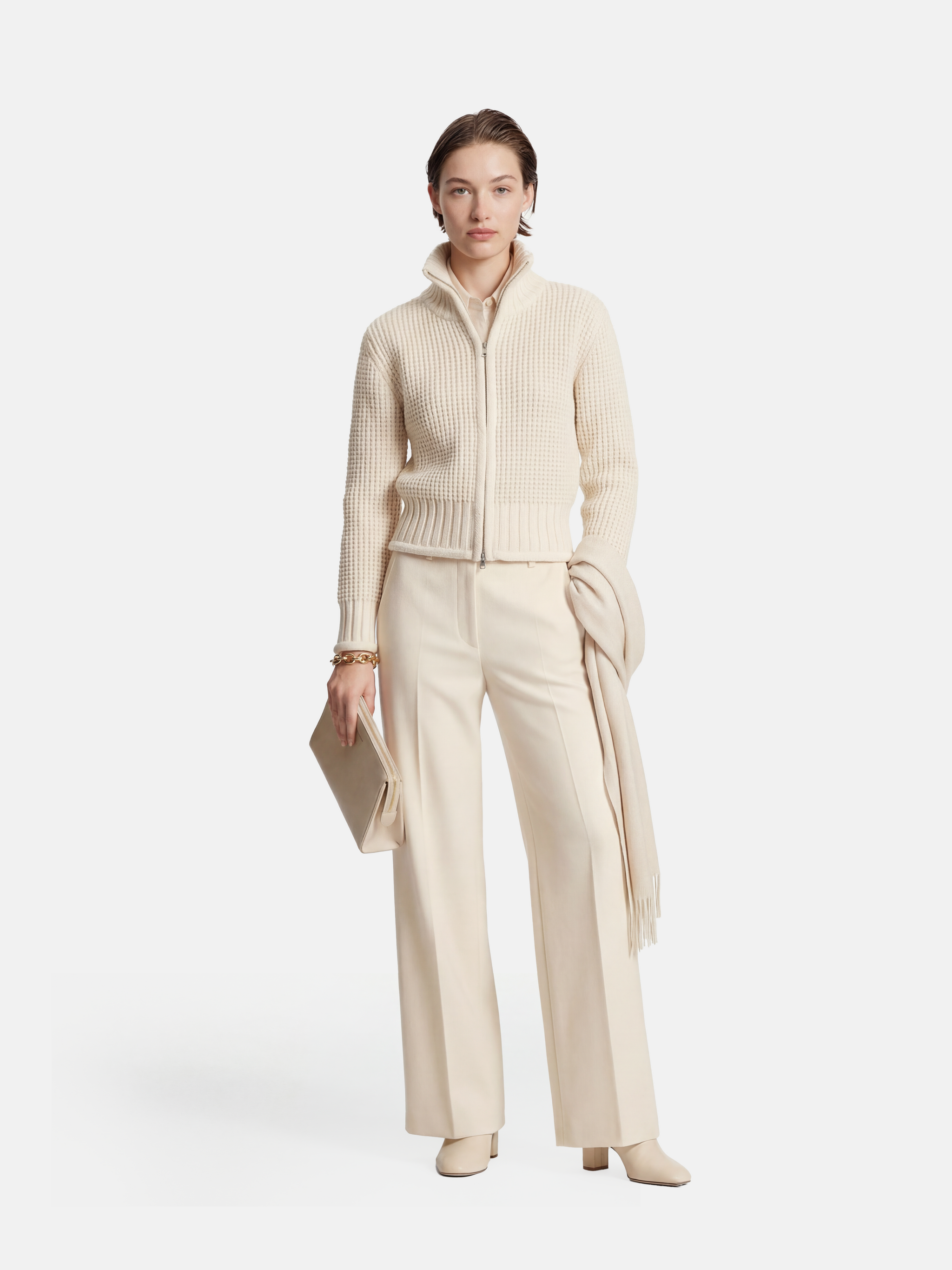 SELVANE Cashmere Waffle Zip Cardigan in a refined waffle knit, featuring a stand collar and full-zip closure.