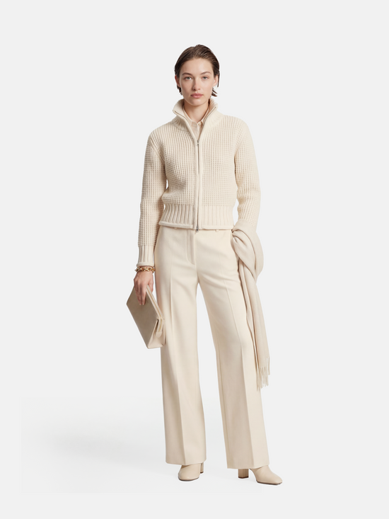 SELVANE Cashmere Waffle Zip Cardigan in a refined waffle knit, featuring a stand collar and full-zip closure.