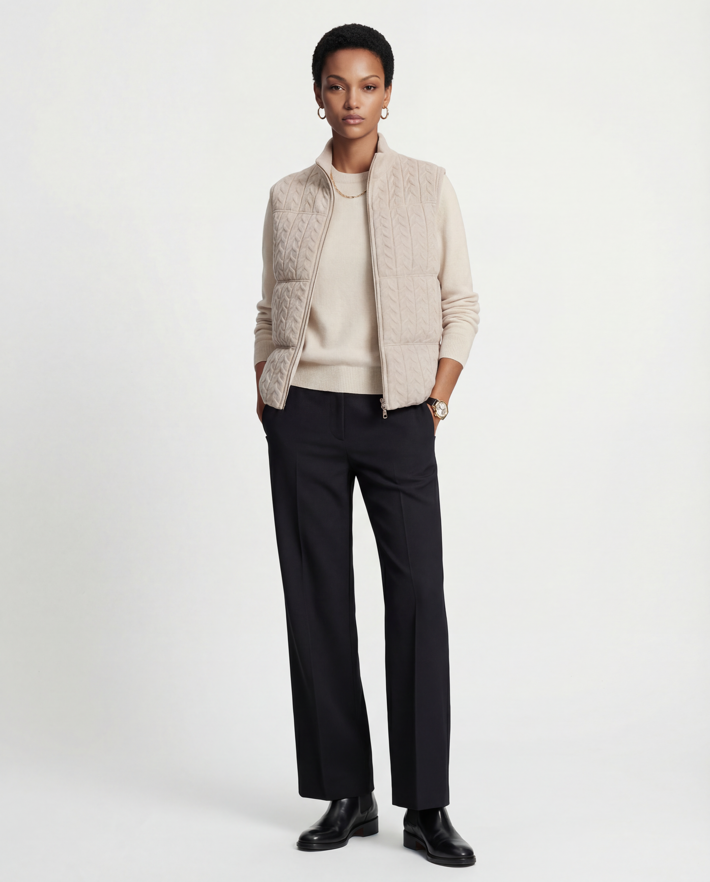 SELVANE zip-front cashmere vest with stand collar and subtle cable texture, shown layered for crisp silhouette.
