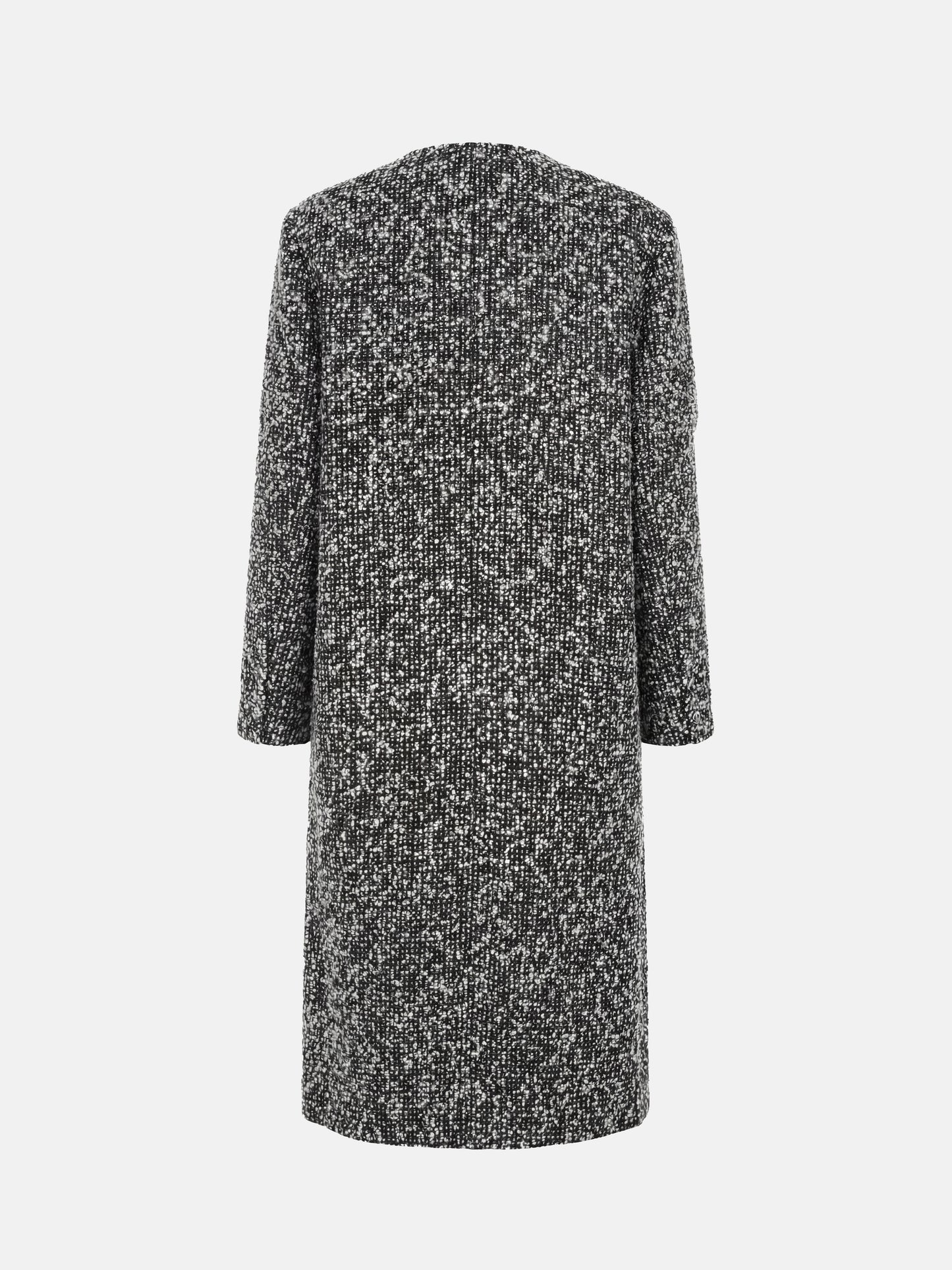 SELVANE Herringbone Wool-Blend Coat, long streamlined silhouette, V-neck, wrap-front, sculpted waist, monochrome herringbone, contrast placket.
