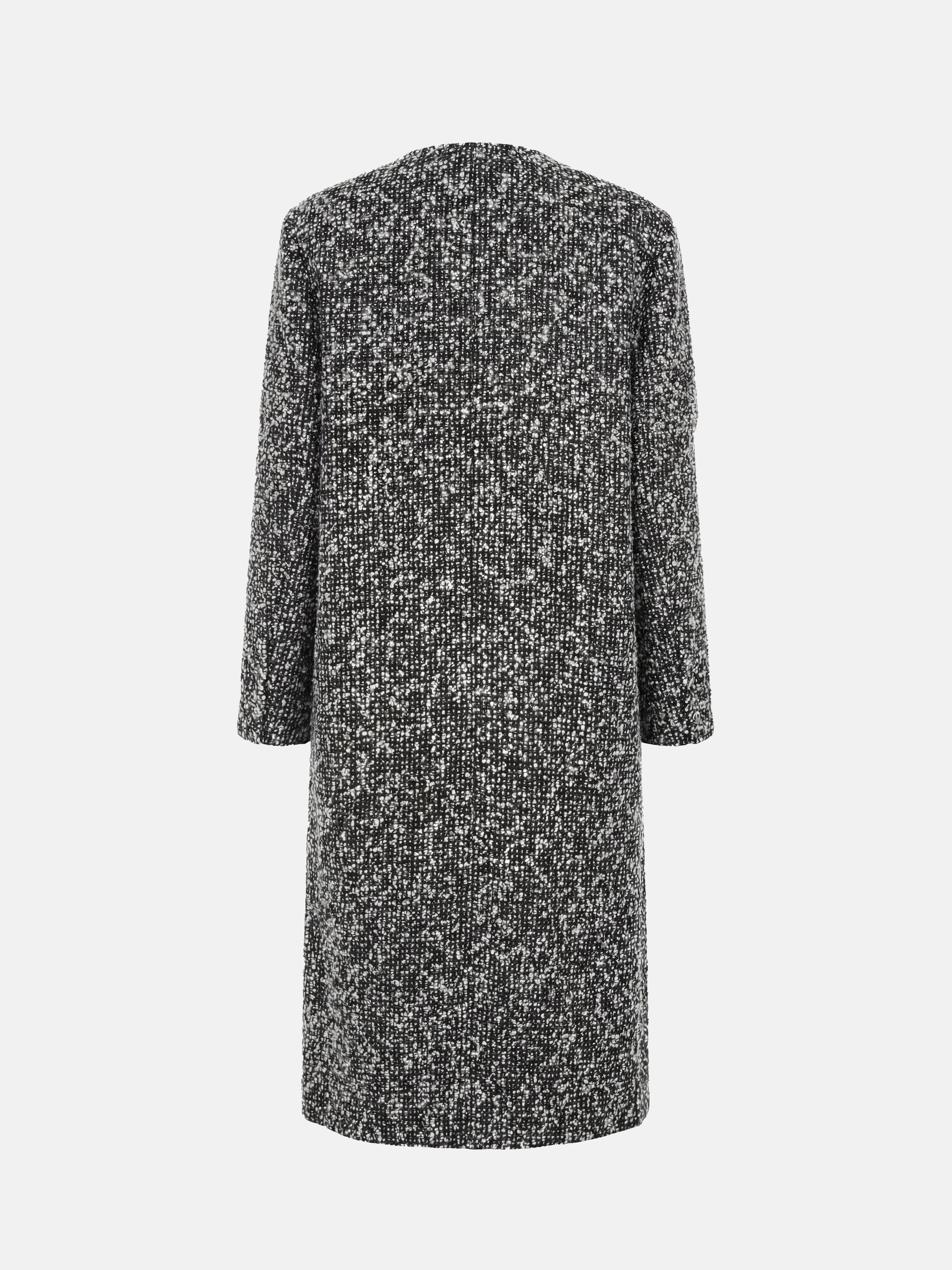 SELVANE Herringbone Wool-Blend Coat, long streamlined silhouette, V-neck, wrap-front, sculpted waist, monochrome herringbone, contrast placket.