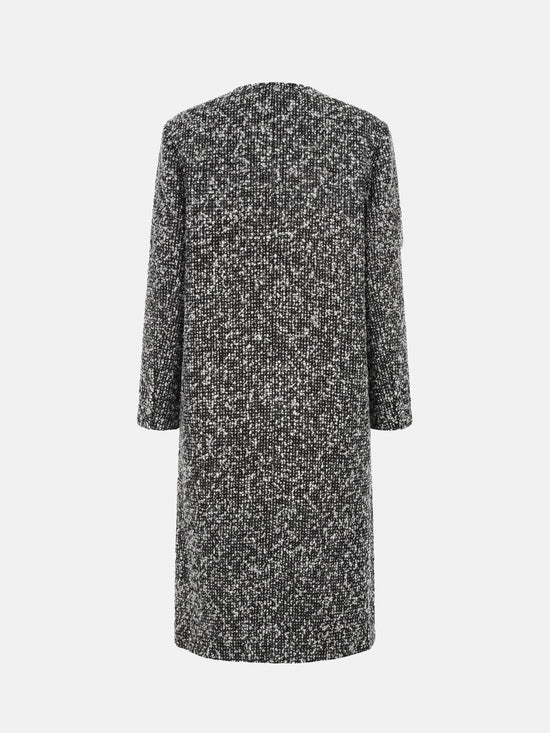 SELVANE Herringbone Wool-Blend Coat, long streamlined silhouette, V-neck, wrap-front, sculpted waist, monochrome herringbone, contrast placket.