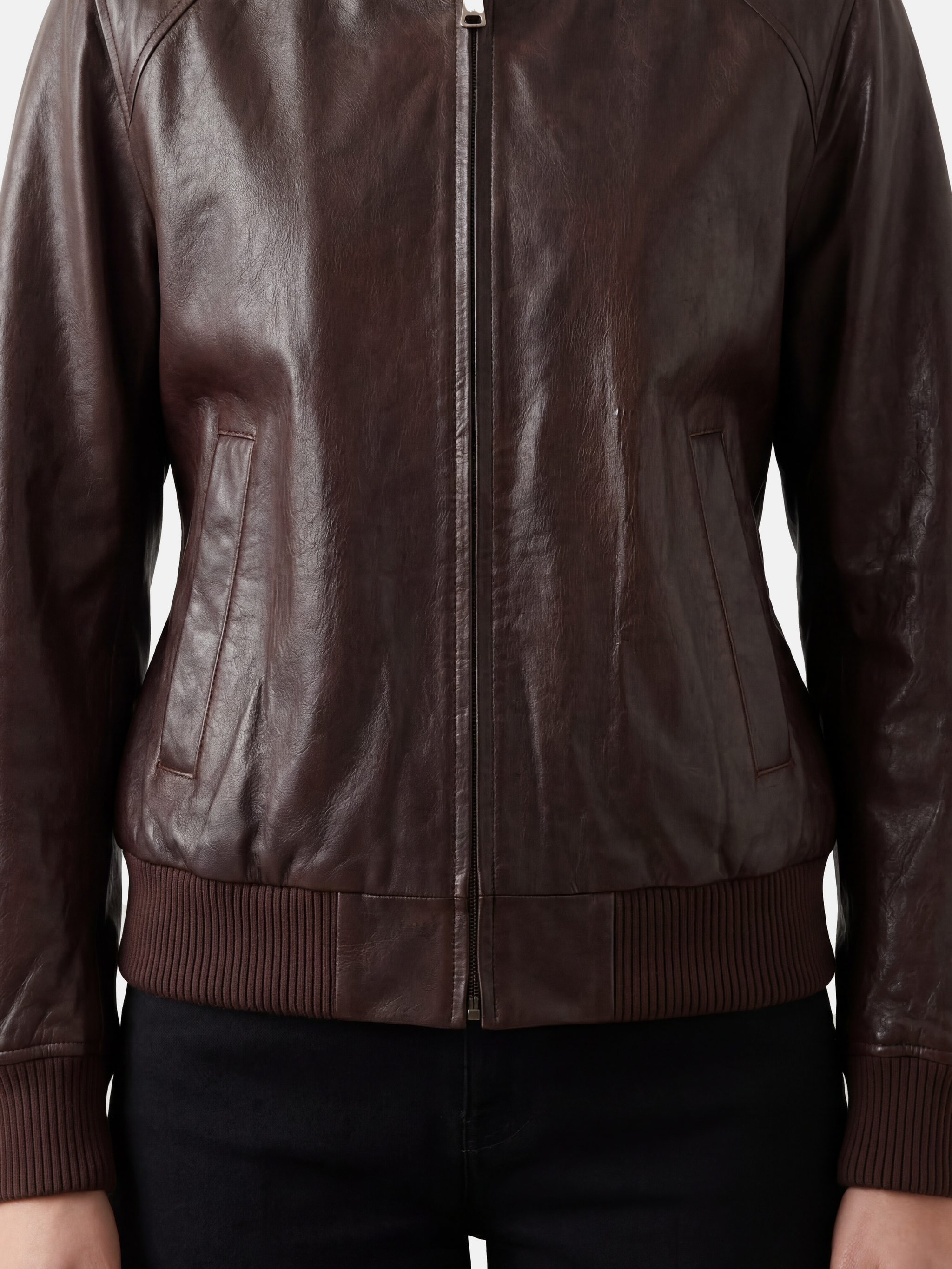 SELVANE men's lamb leather bomber jacket in black, featuring ribbed collar, cuffs, and hem, with a clean zip-front design.