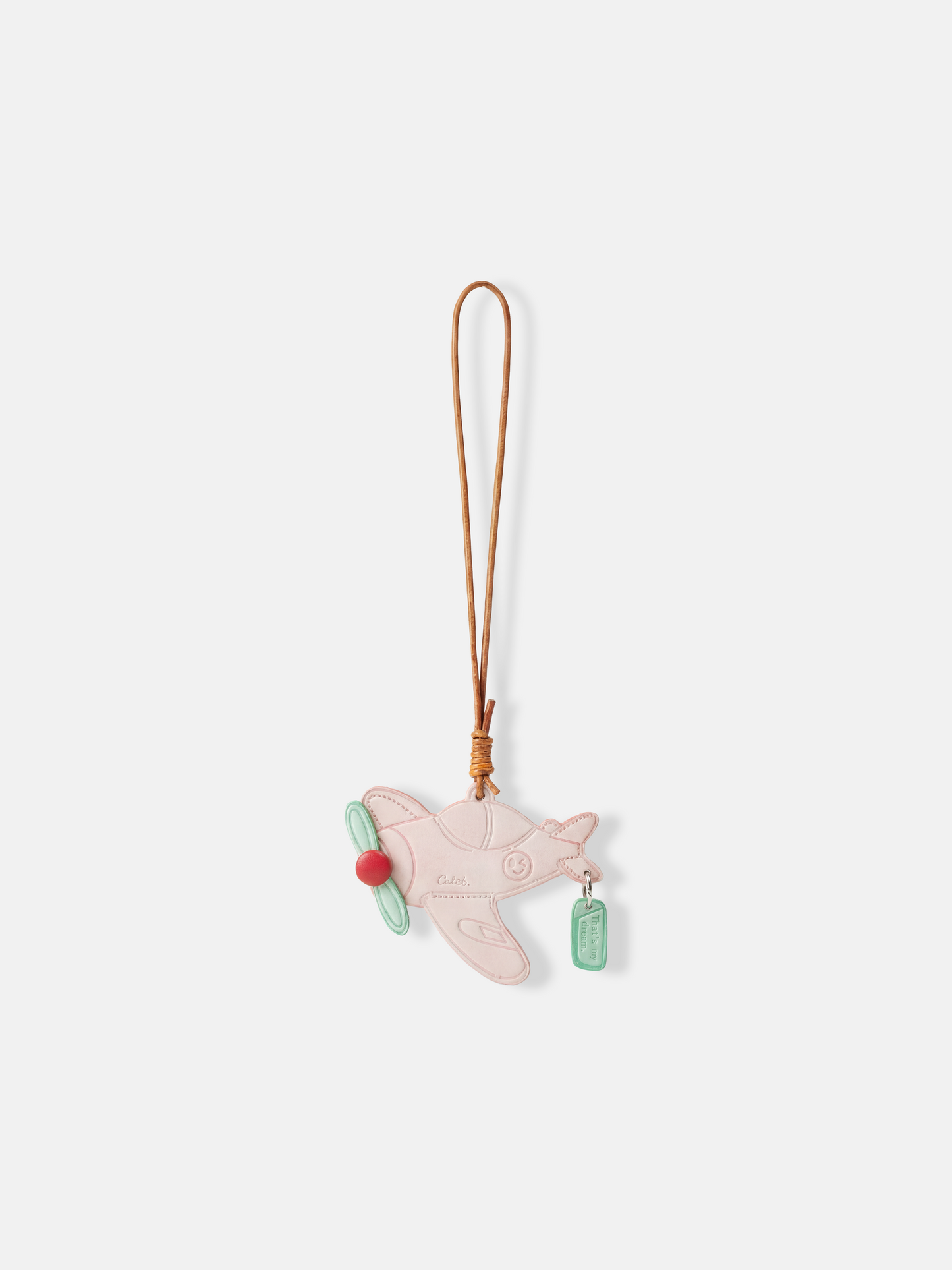 Polished metal Selvane Dream Plane Bag Charm, featuring a sleek aircraft silhouette and 'That's my dream' tag, symbolizing personal journeys.