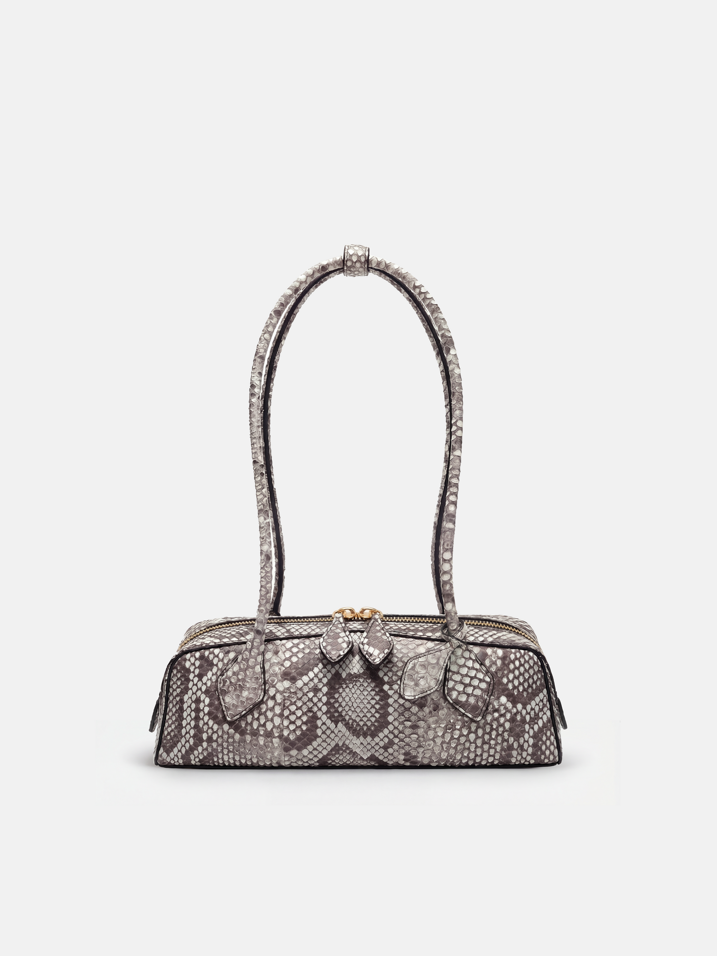 SELVANE Snake Scale Zip Baguette Bag, a slim, structured silhouette with unique scale texture and secure zip-top, worn under arm.