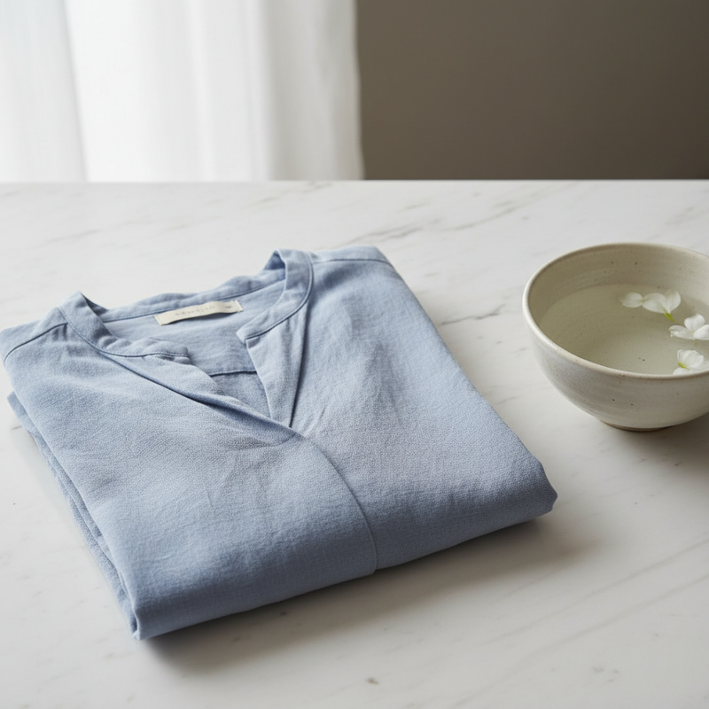 Hand wash cold or gentle machine cycle — washi fiber softens beautifully with water but should not be agitated