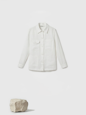 SELVANE Linen Work Shirt Jacket in a natural hue, featuring a clean-lined silhouette and four quiet utility pockets, embodying practical geometry.