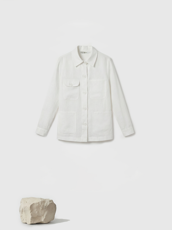 SELVANE Linen Work Shirt Jacket in a natural hue, featuring a clean-lined silhouette and four quiet utility pockets, embodying practical geometry.