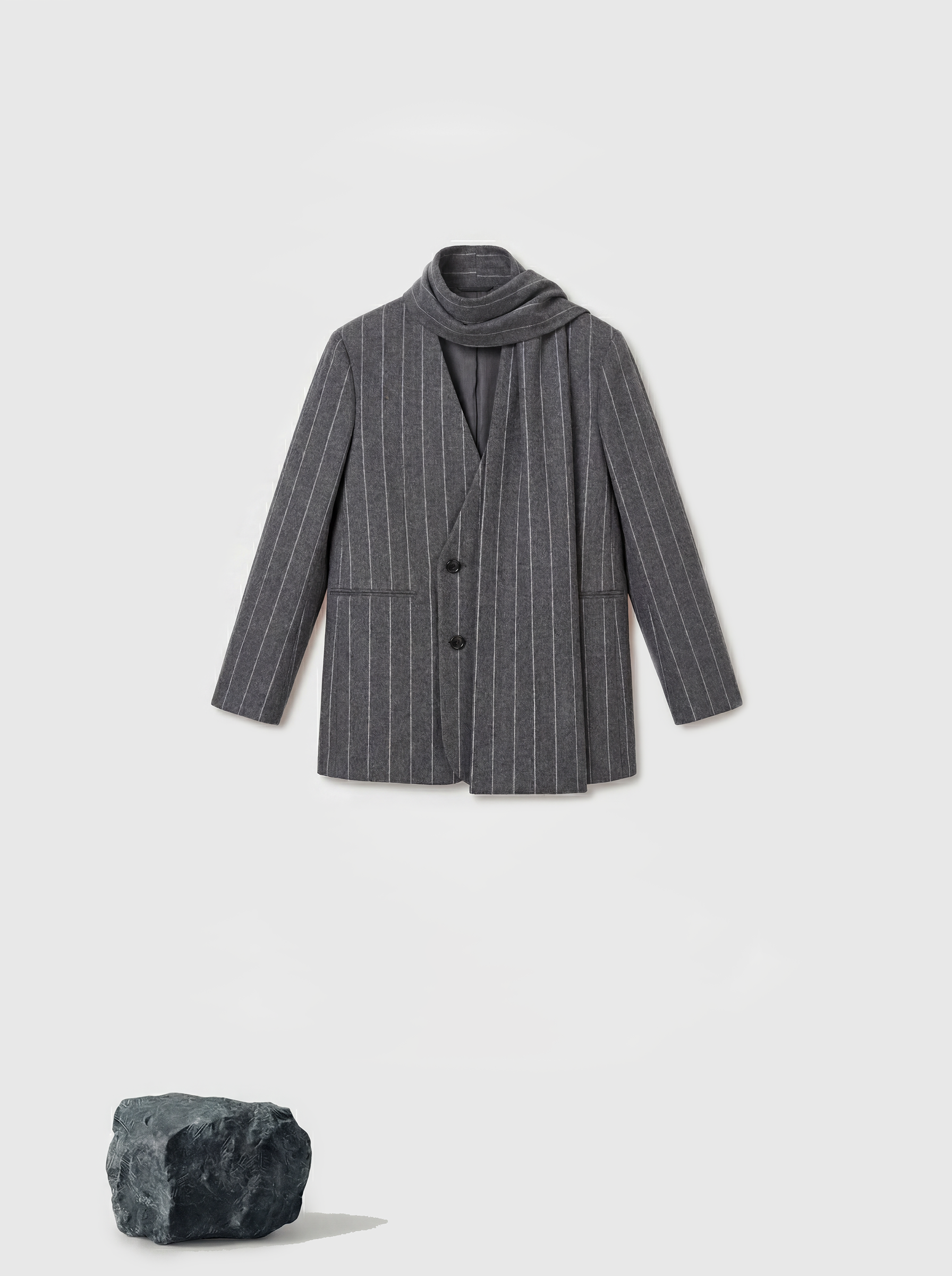 SELVANE Pinstripe Wool Scarf-Collar Blazer, featuring sharp vertical lines and an integrated wrap-neck for a composed, refined silhouette.